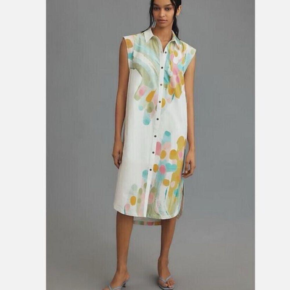 Anthropologie Lillian Cap Sleeve  White and Abstract Multicolor Midi Dress